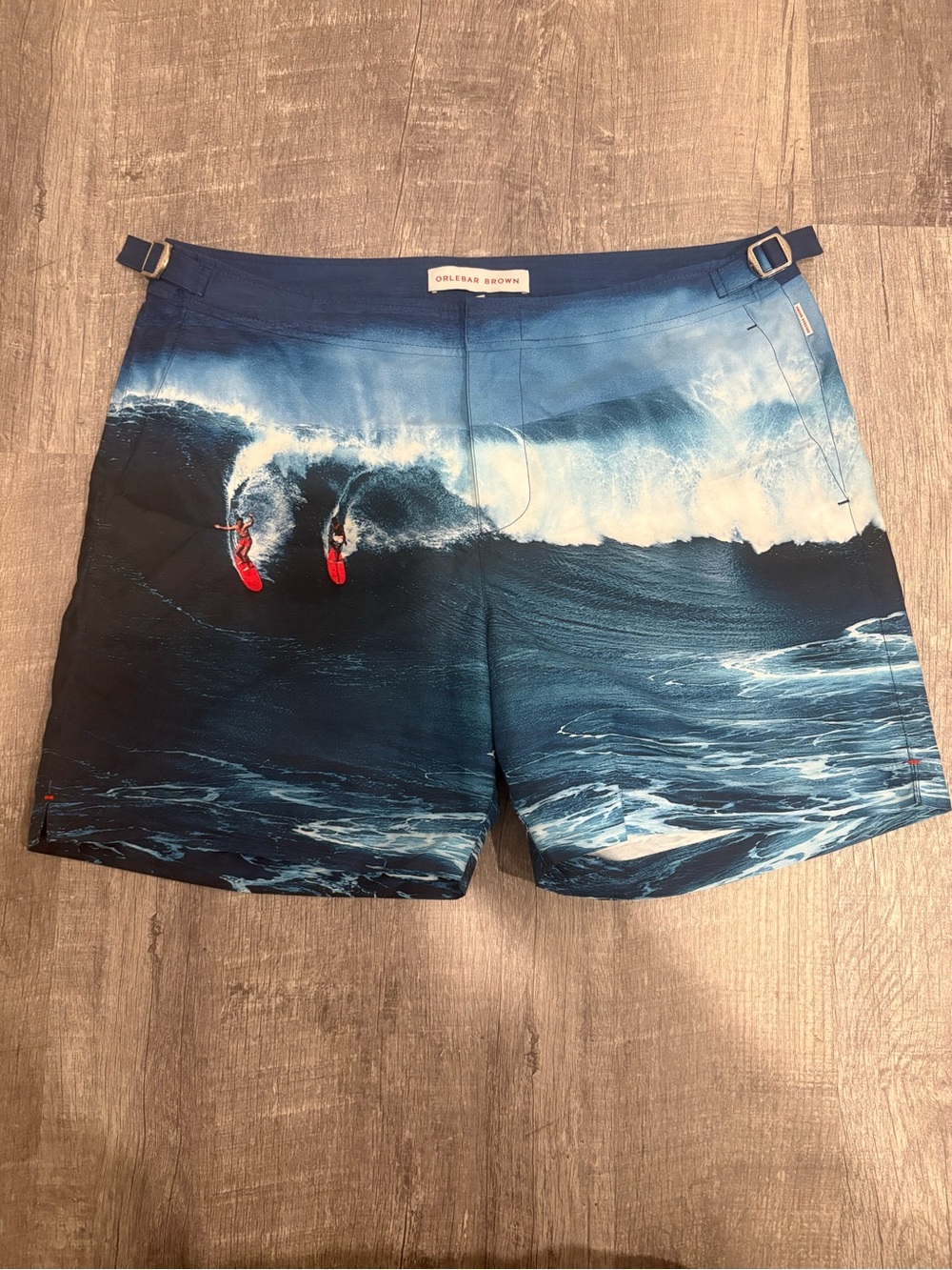 Orlebar Brown Bulldog Swim Trunks Size 33 Blue Wave Surf Photographic w/Dust Bag